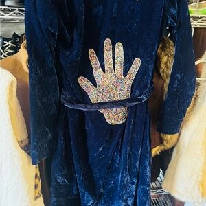 Elegant Blue Velvet Robe with Colorful Hand Design